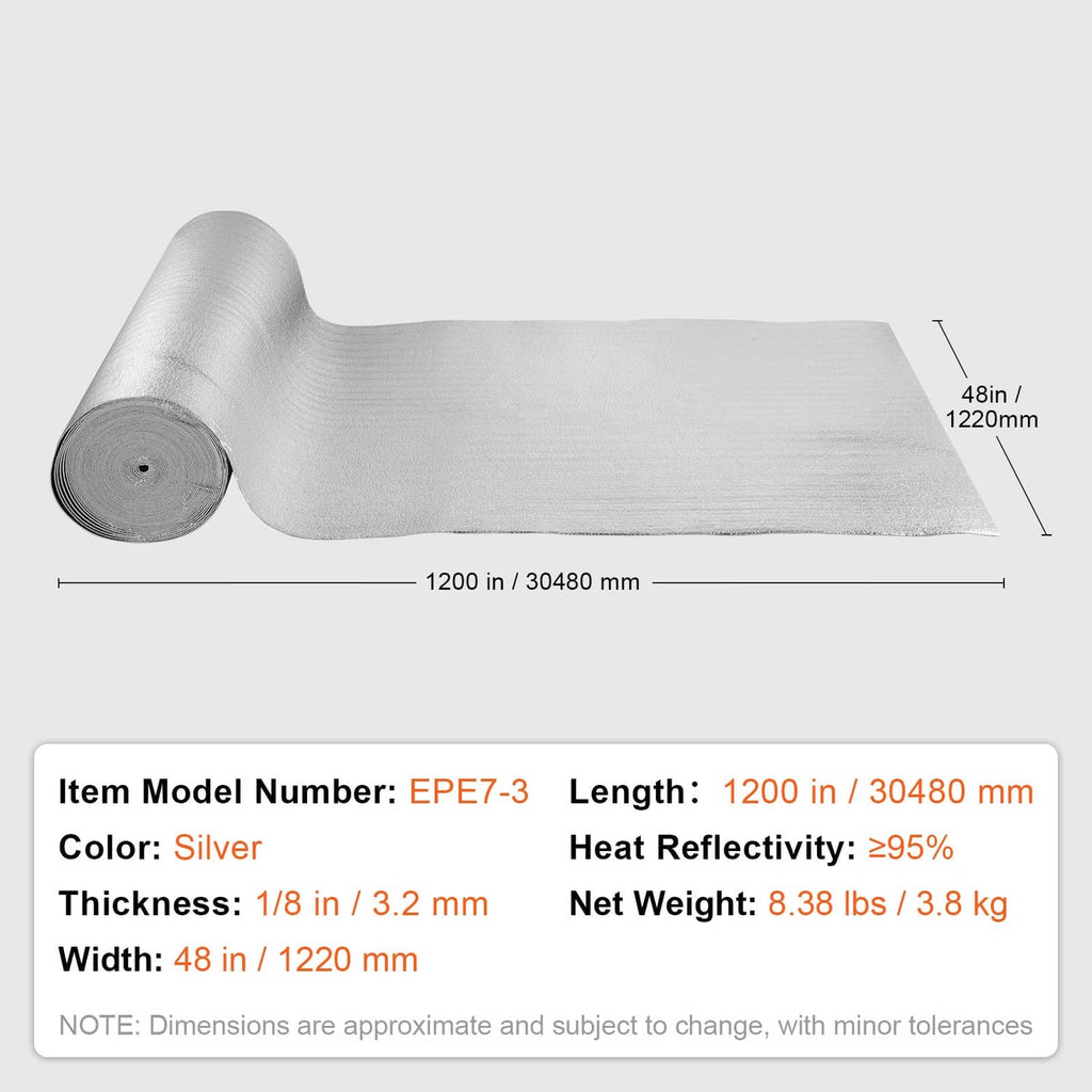 Silver reflective insulation roll with labeled dimensions and thickness specification