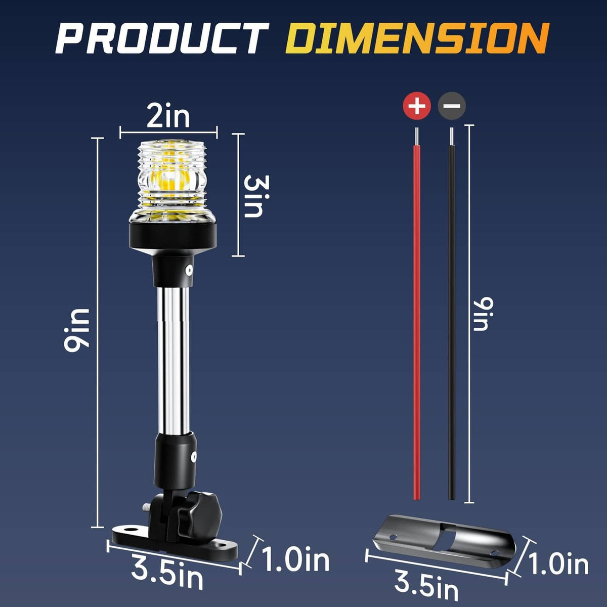 Anchor light with stainless tube and black base, shown with 9 in overall height