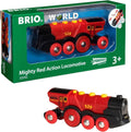 Red battery-powered action locomotive toy in BRIO World box with round red wheels