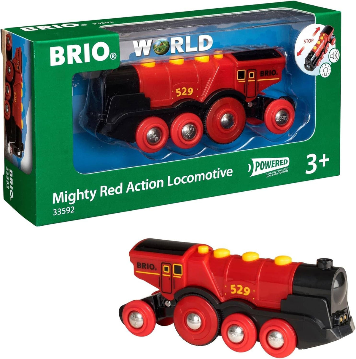 Red battery-powered action locomotive toy in BRIO World box with round red wheels