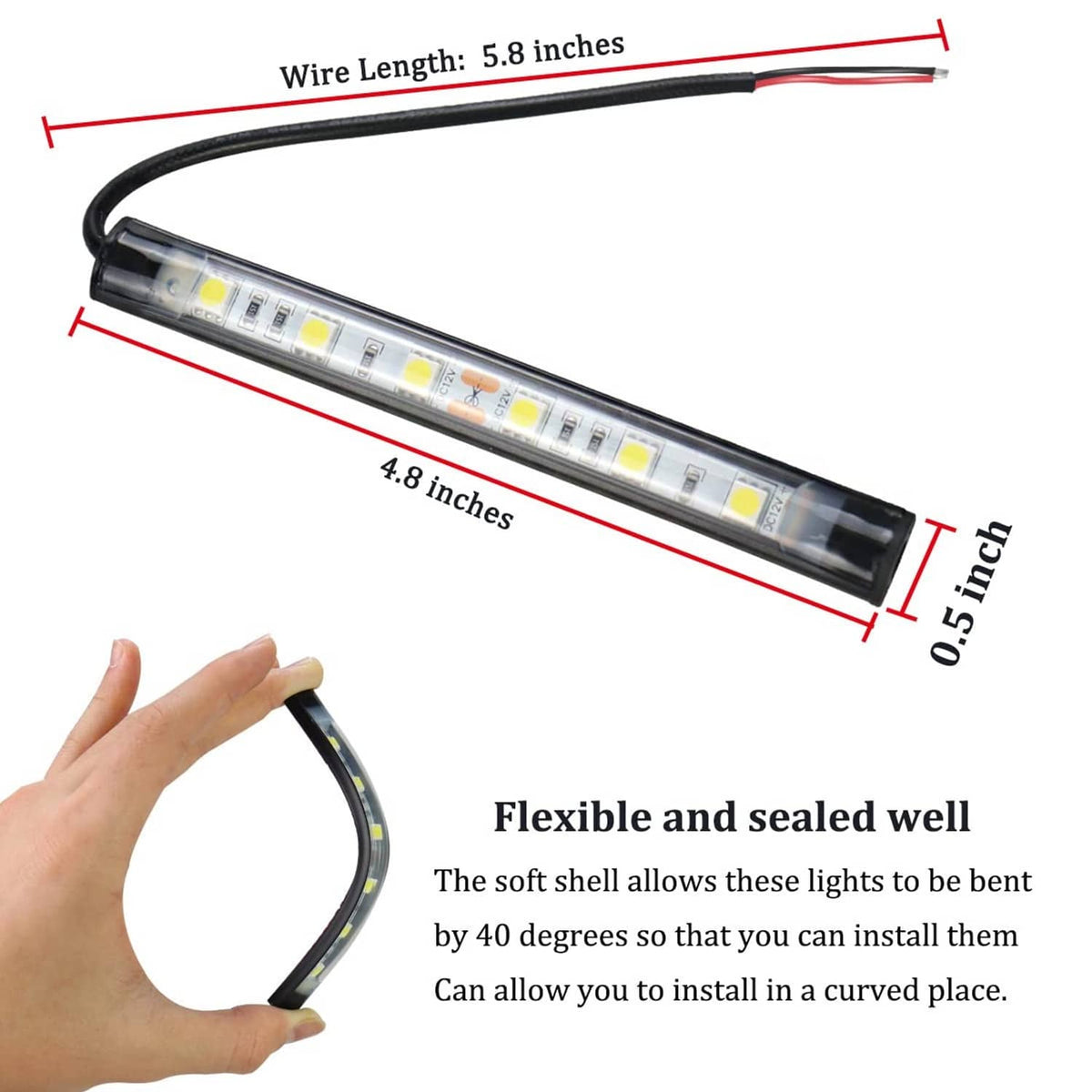 Slim LED navigation light bar with 5.8 in wire, flexible sealed housing