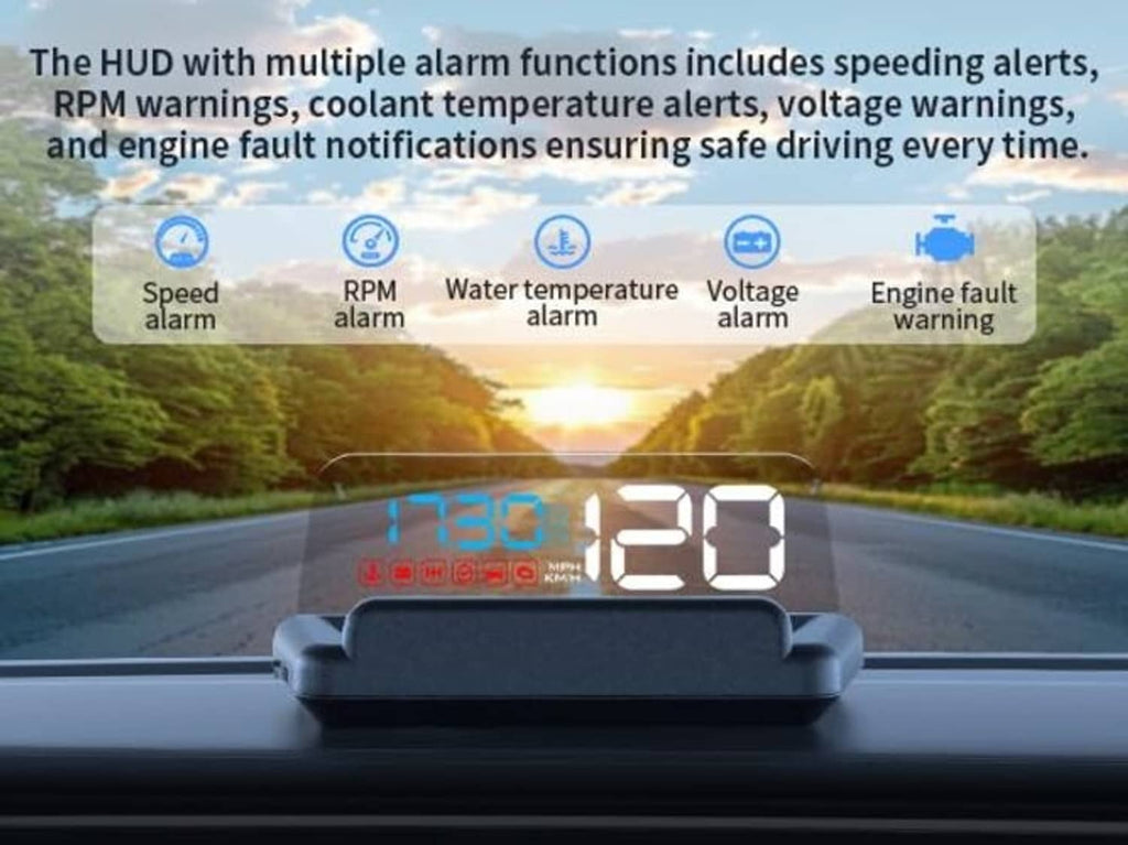 HUD projector with large blue speed digits and alert indicators on windshield