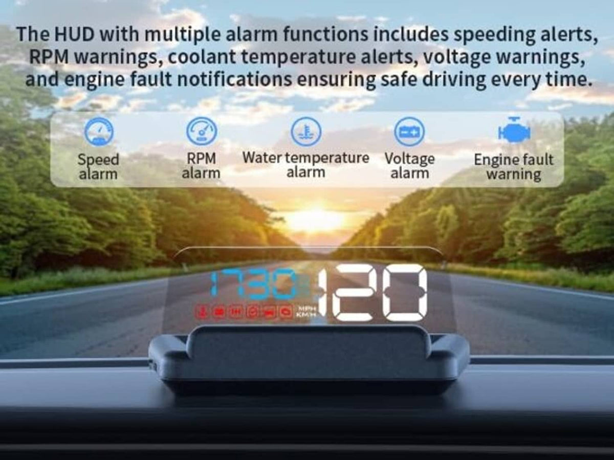 HUD projector with large blue speed digits and alert indicators on windshield