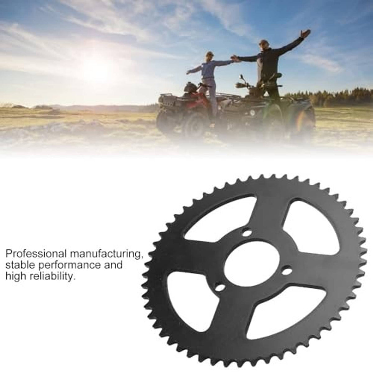Gray steel sprocket gear with five cutout spokes, outer teeth, and three mounting holes