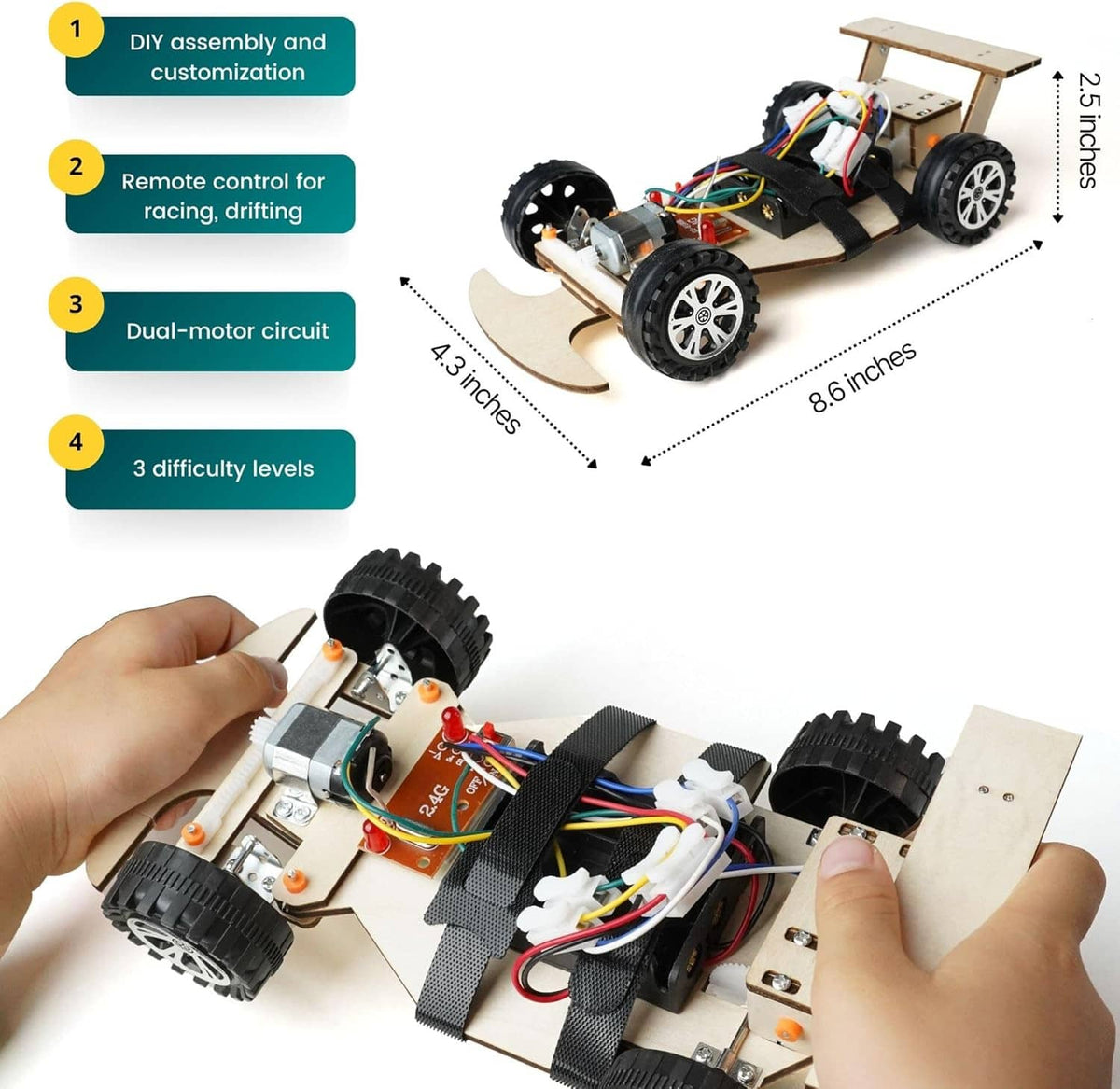 Remote-controlled wooden racing car kit infographic with dual motors and multiple difficulty levels