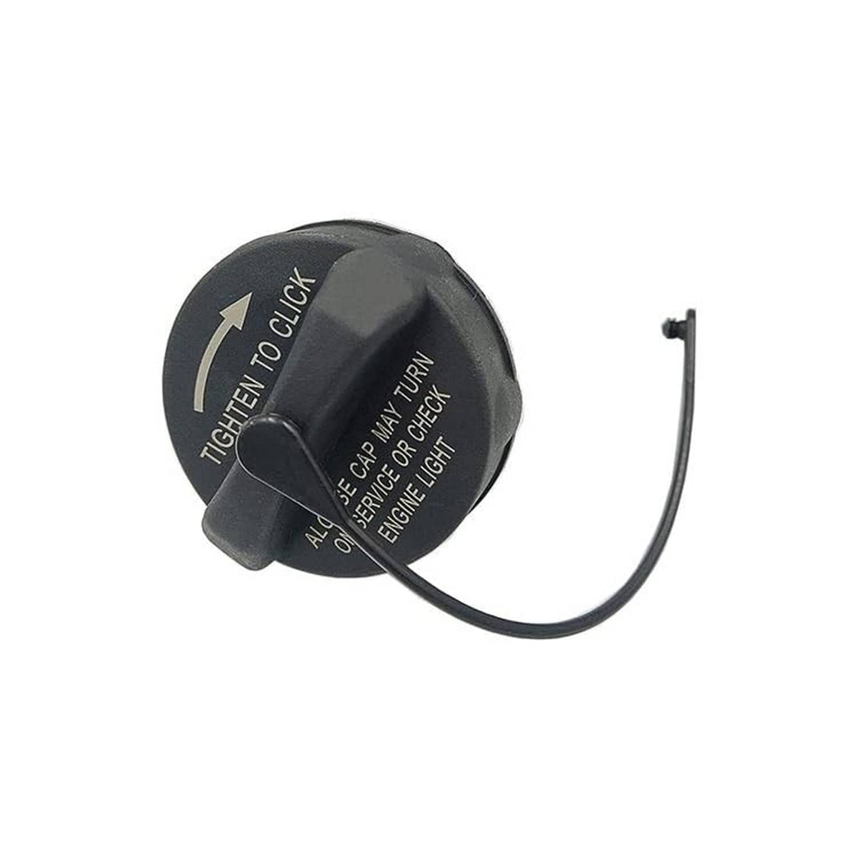 Fuel tank filler cap with tether cord and tightens-to-click indicator