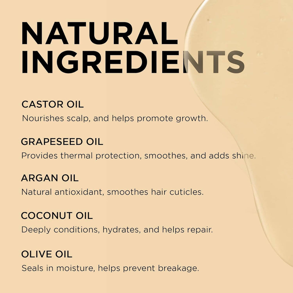 Hair oil natural ingredients graphic with ingredient list layout