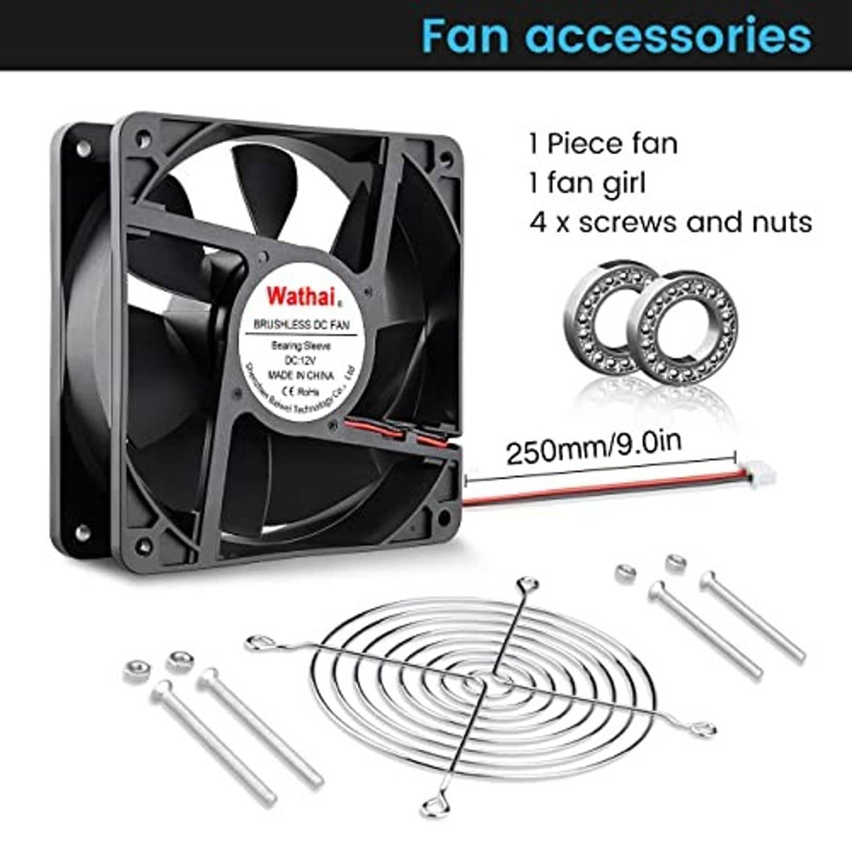 120mm brushless DC fan kit with screws, nuts, and wire fan grille, 2-pin leads