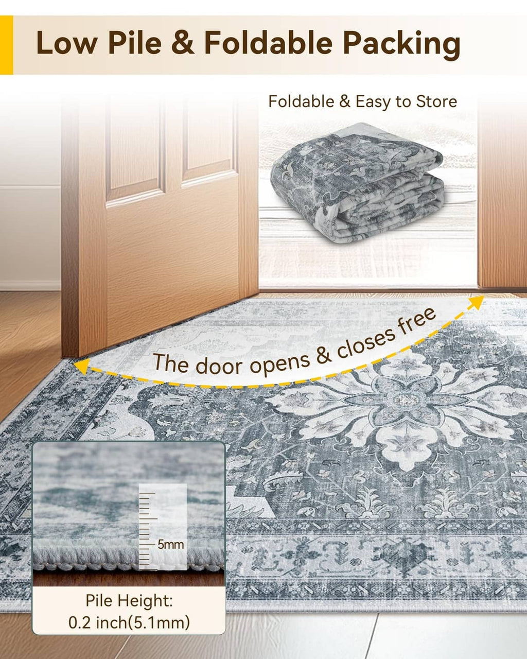 Low-pile grey and white floral rug folded for easy storage, with pile height label