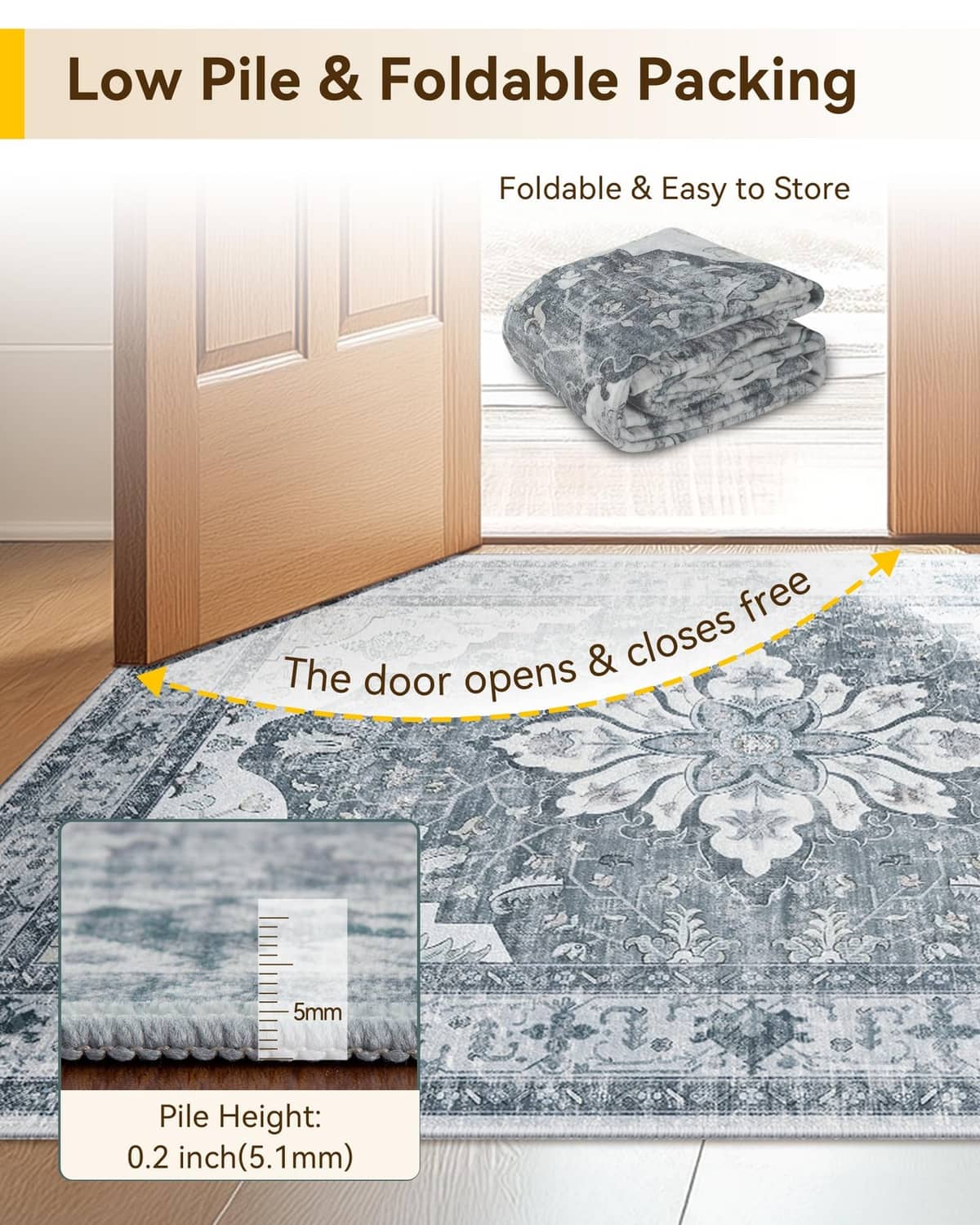 Low-pile grey and white floral rug folded for easy storage, with pile height label