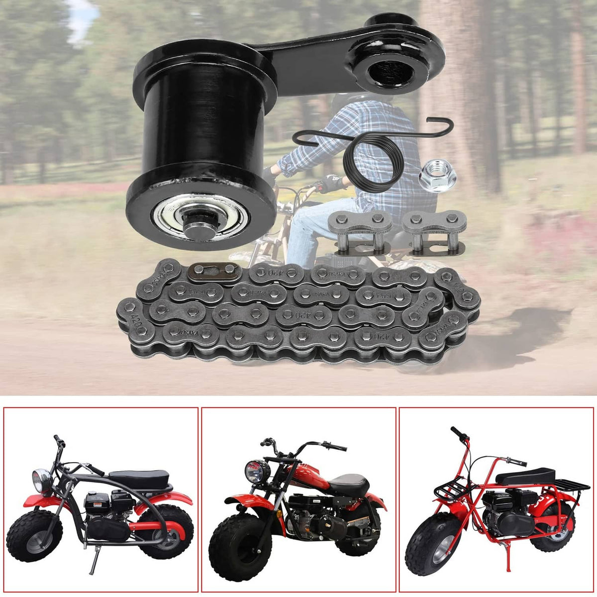 Black chain tensioner roller kit with drive chain, spring, and mounting brackets