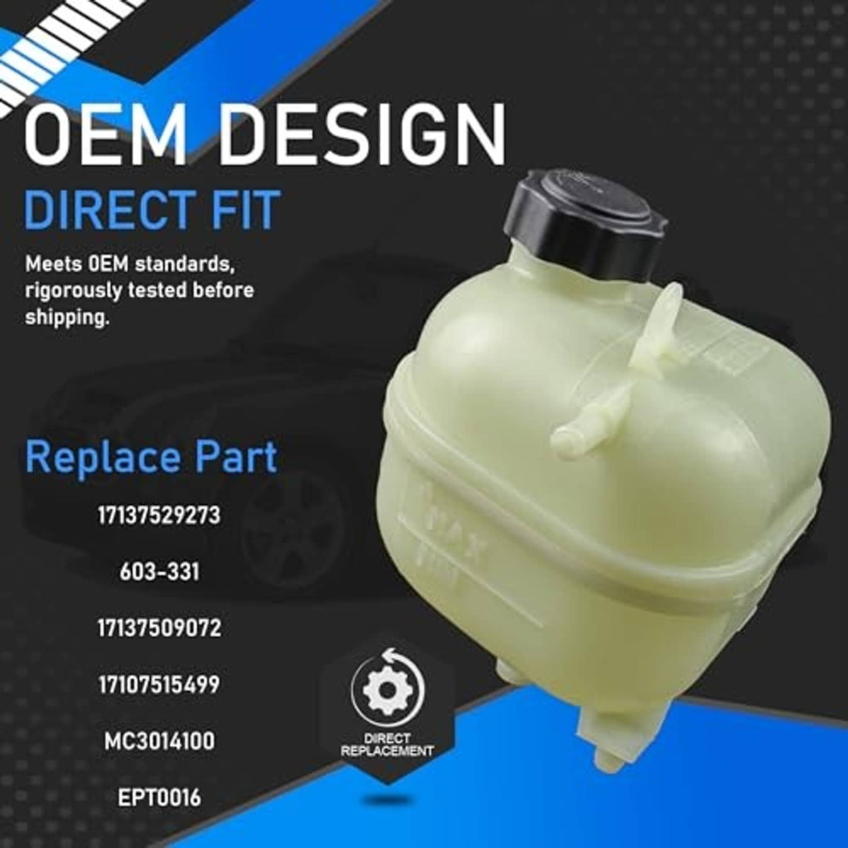 Engine coolant overflow reservoir tank with cap, translucent pale green, 3/4 view