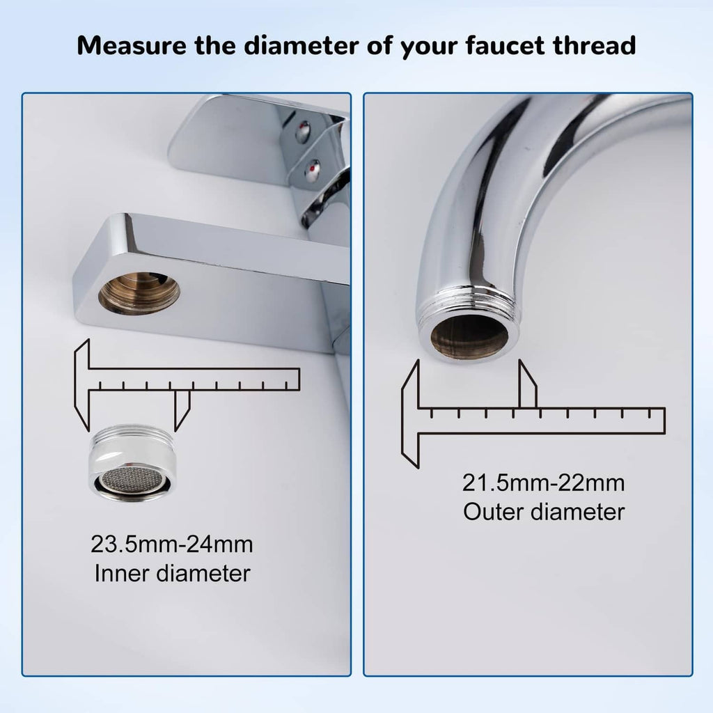 Faucet thread diameter measurement diagram with ruler and connector tip