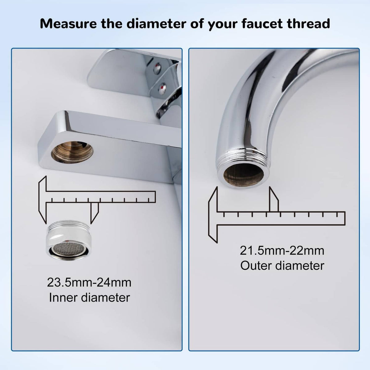 Faucet thread diameter measurement diagram with ruler and connector tip