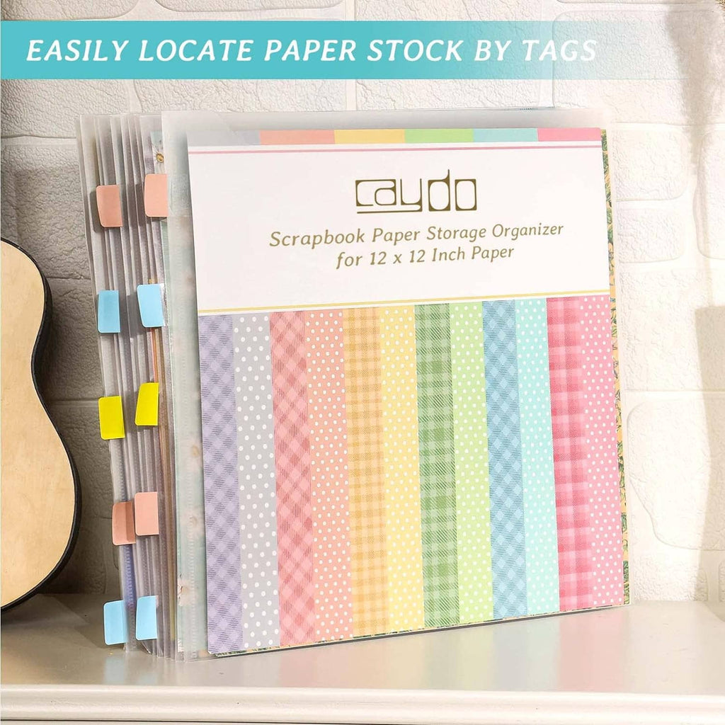 Scrapbook paper storage organizer displaying pastel striped 12x12 paper, with tabs