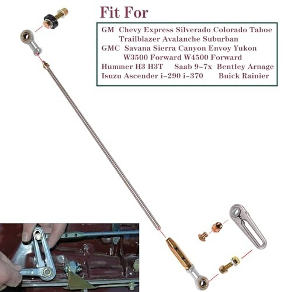 Shift linkage rod with forked joint and small brass fasteners, pins, and washers