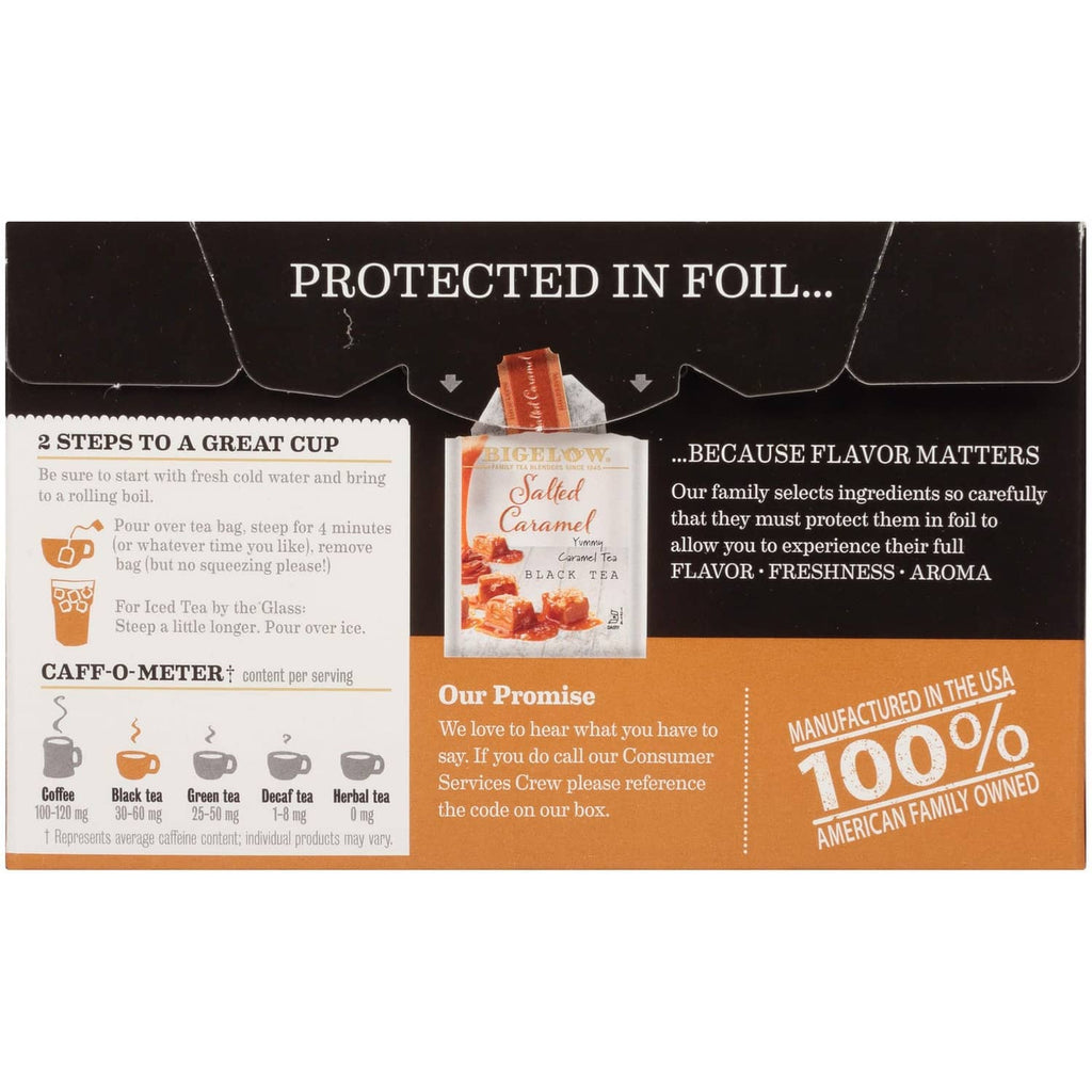 Back of salted caramel black tea package with brewing steps and foil protection