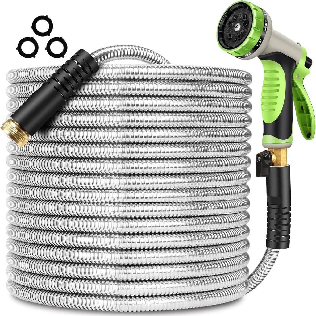 Metal garden hose coil with green-and-black trigger sprayer and multiple black connection rings