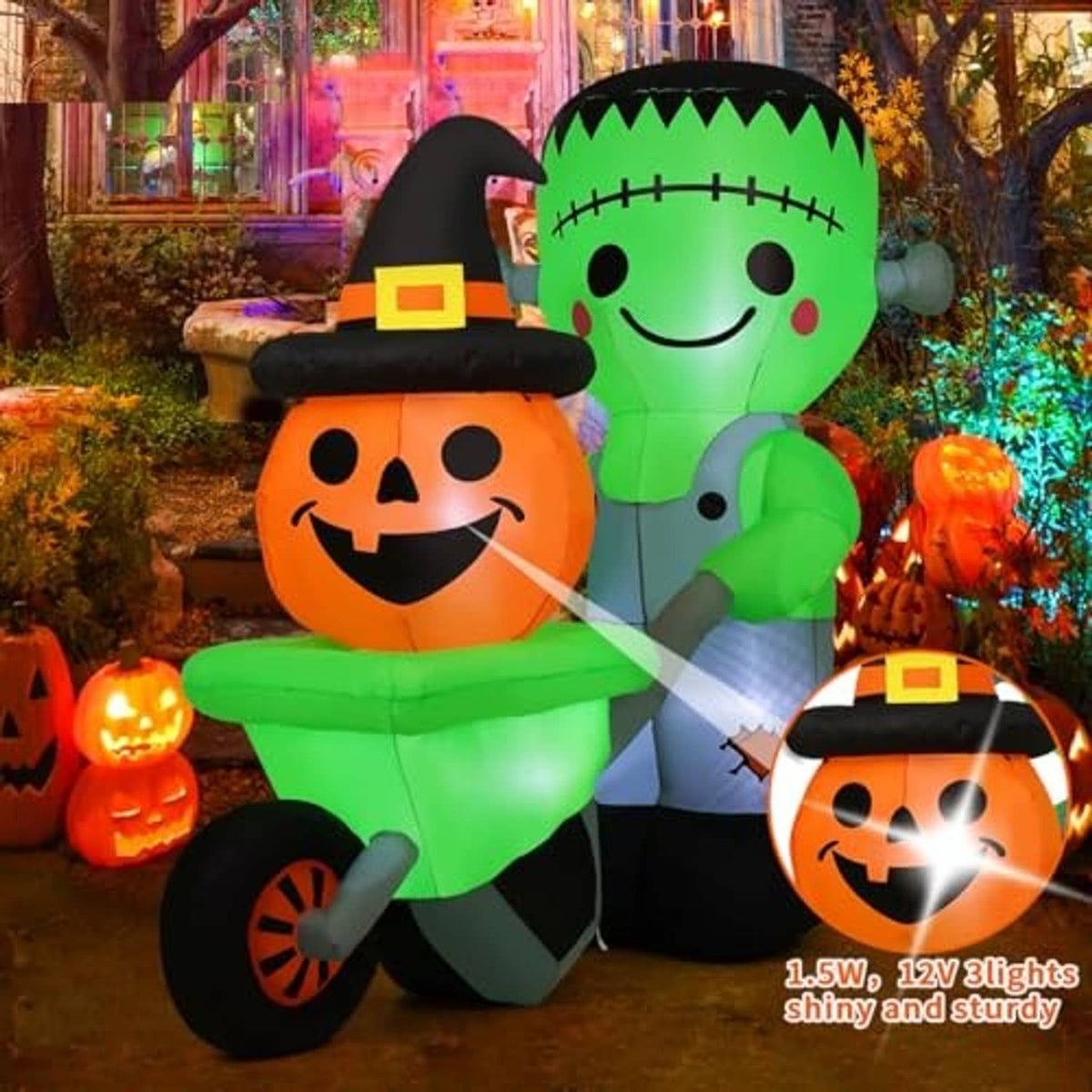 Two Halloween inflatable characters: green Frankenstein holding an orange jack-o-lantern bucket