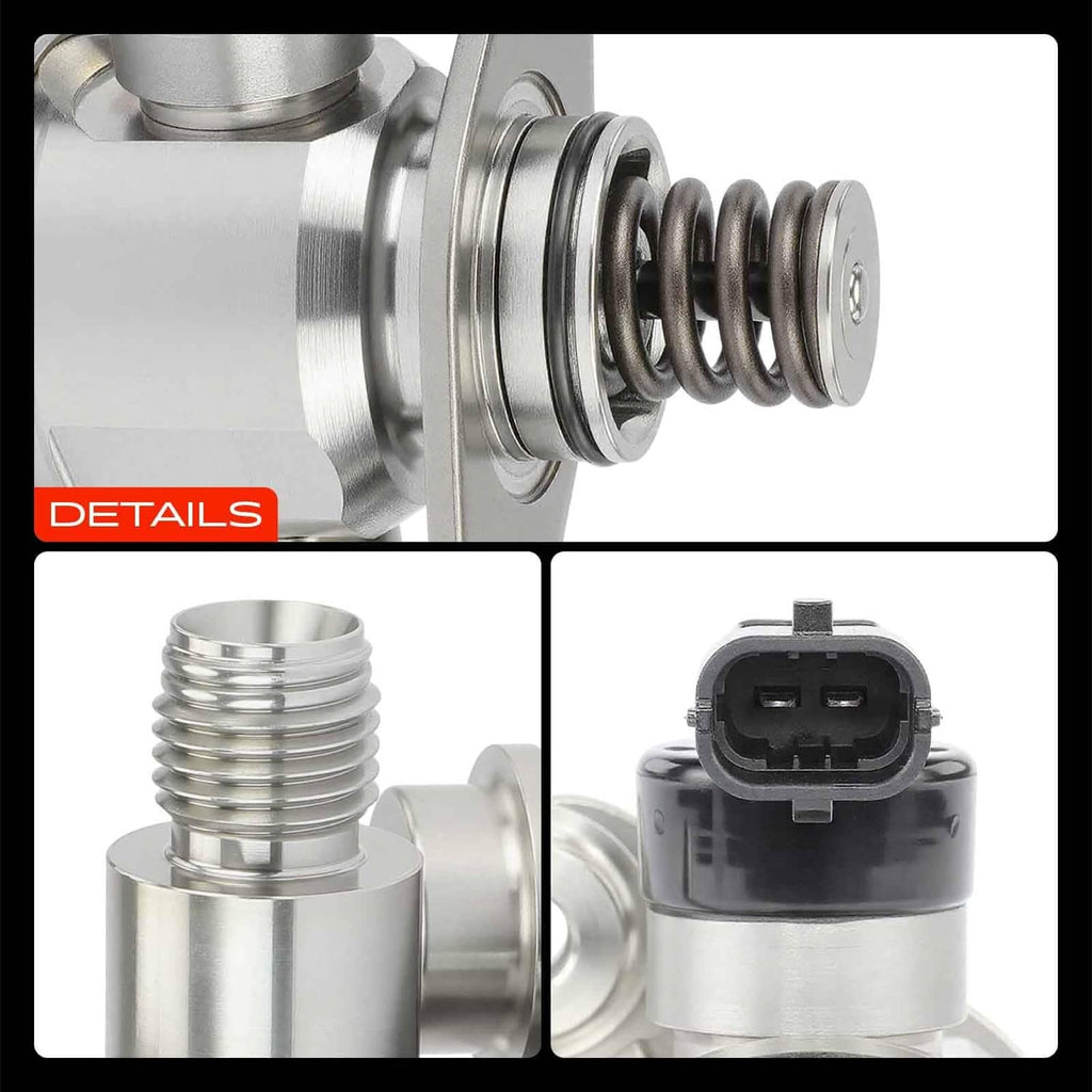 High-pressure fuel pump close-up with coil spring, fittings, and electrical plug