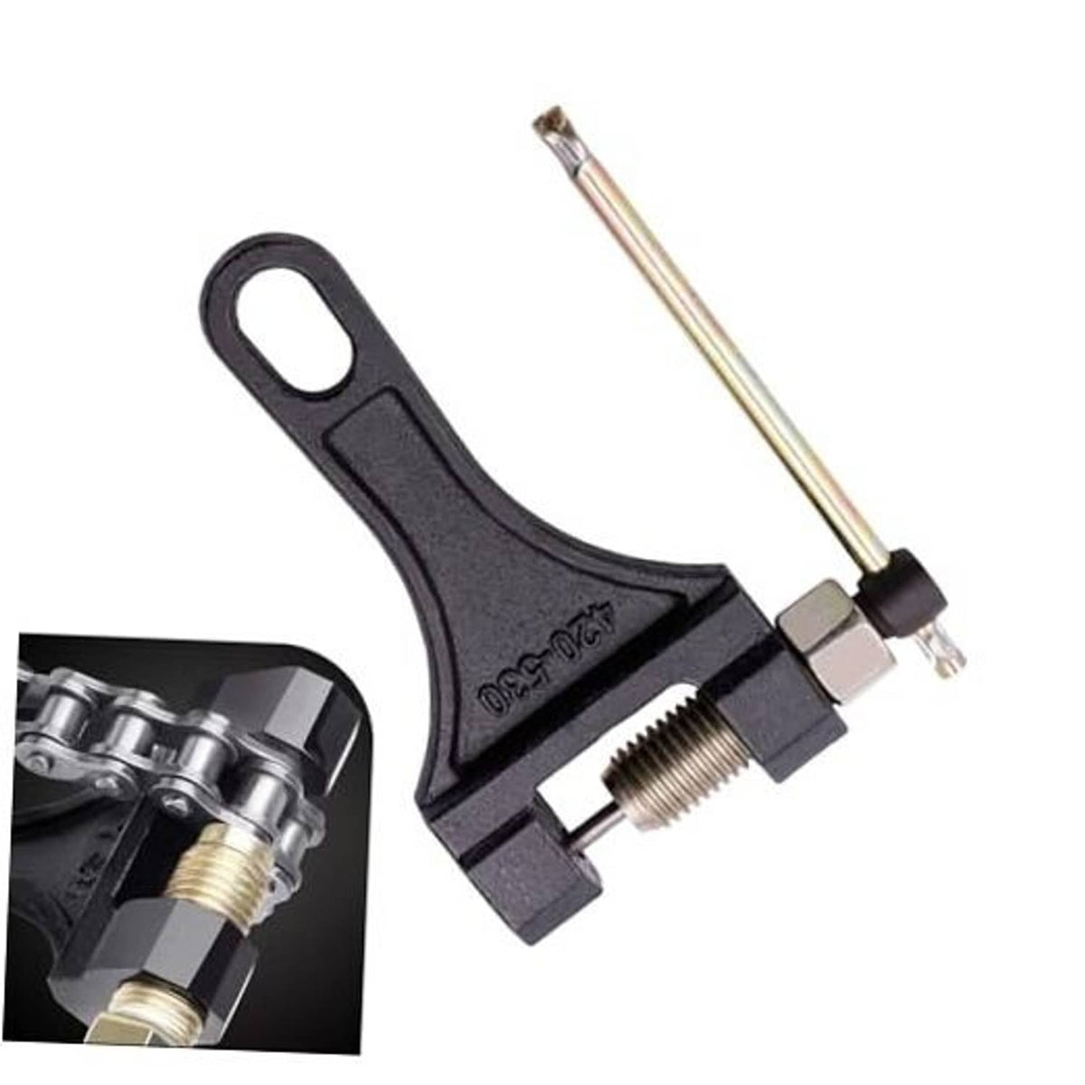 Motorcycle chain breaker tool with black handle and threaded press pin