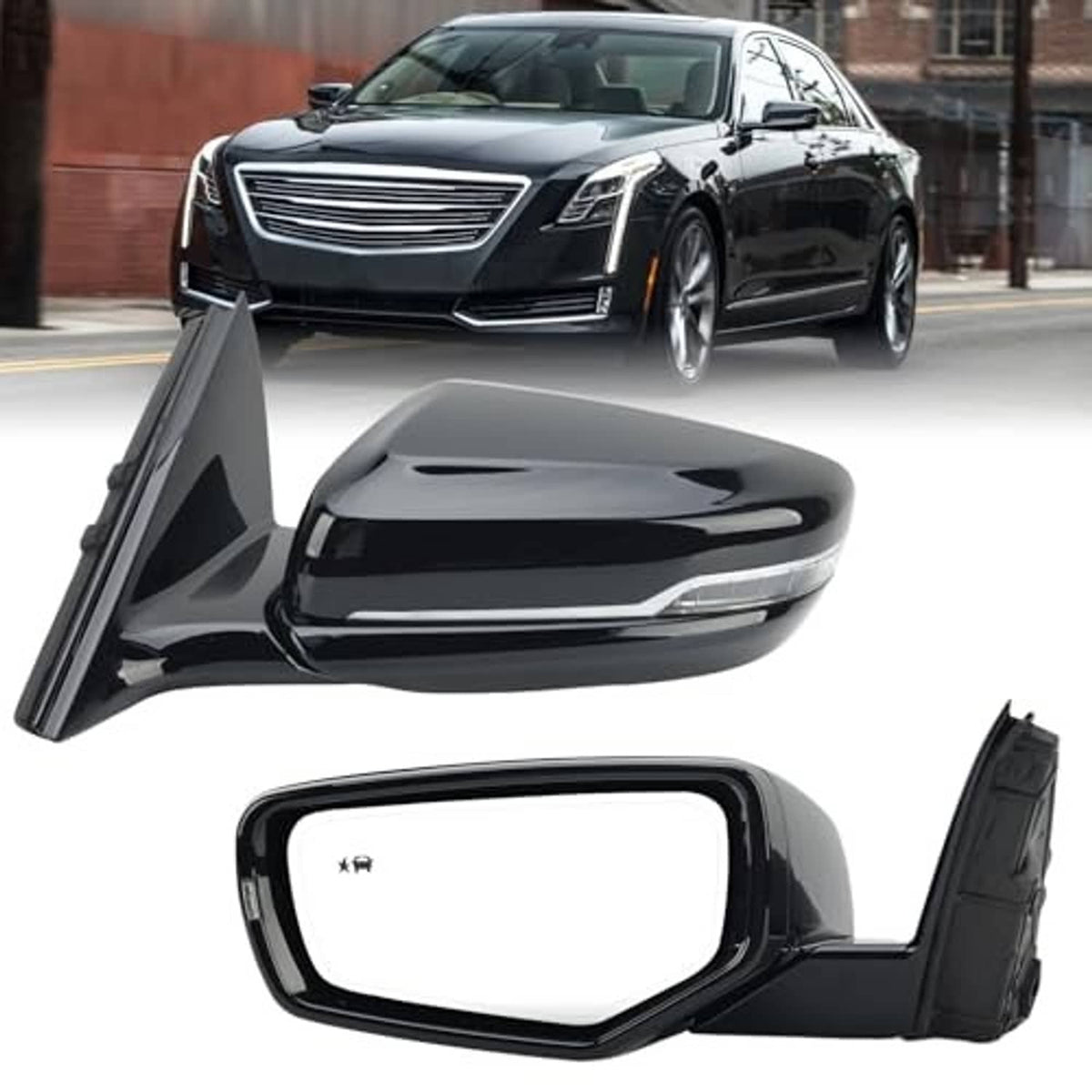Left driver-side black mirror assembly with reflective glass and extended housing