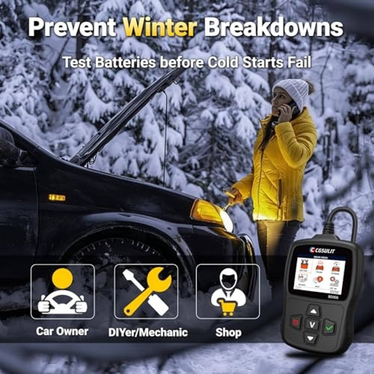 Handheld battery tester on car front with attached red/black leads and LCD screen