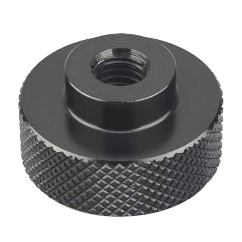 Black metal welding hood nut with knurled outer ring and threaded center hole