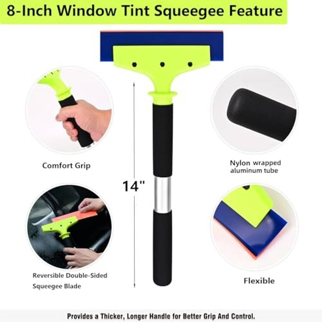 Window tint squeegee with black nylon-wrapped aluminum tube and neon green double-sided blade