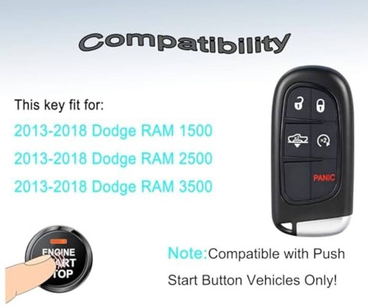 Keyless entry remote fob shown with compatibility note for 2013–2018 Dodge RAM