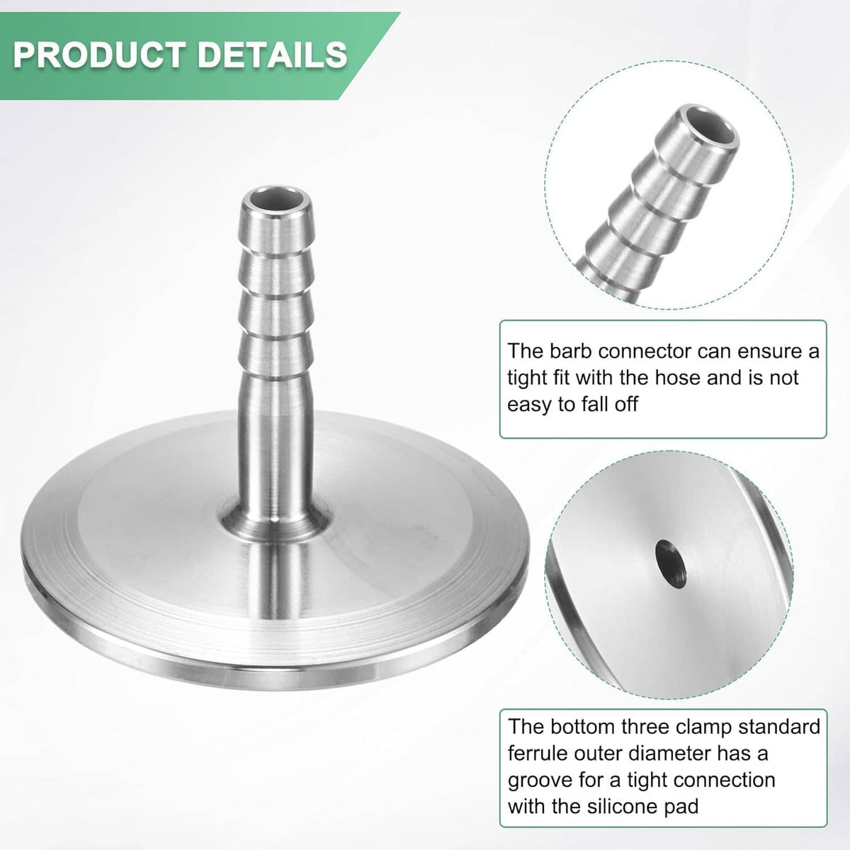 Stainless steel barbed hose fitting on circular base with three-step barb