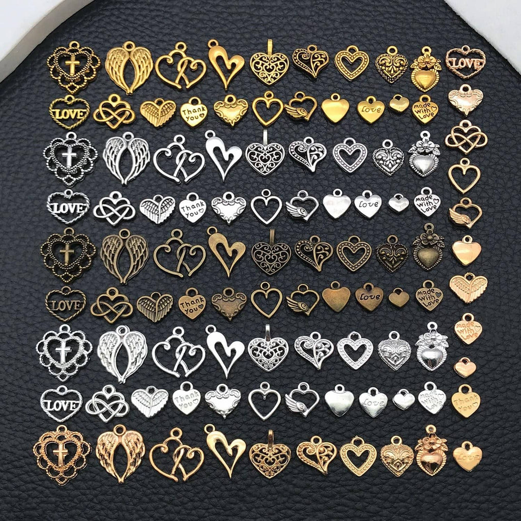 Bulk set of heart charms with Love text and filigree, gold and silver tones, assorted