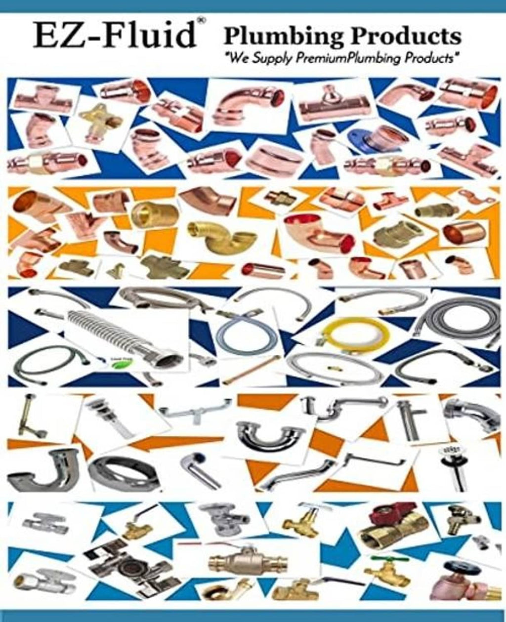 EZ-Fluid plumbing products collage showing assorted copper press fittings