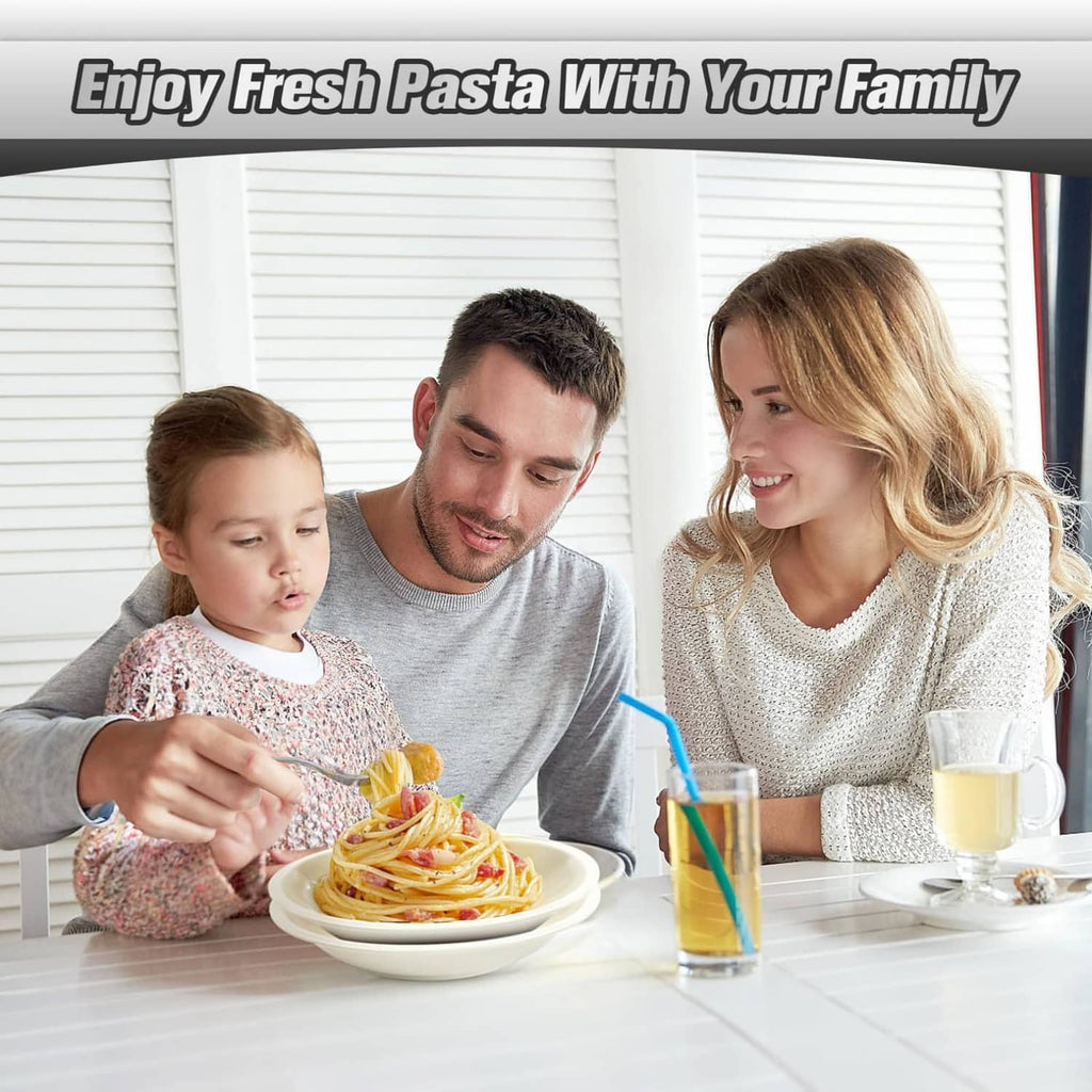 Family enjoying fresh spaghetti at the table made with the pasta maker