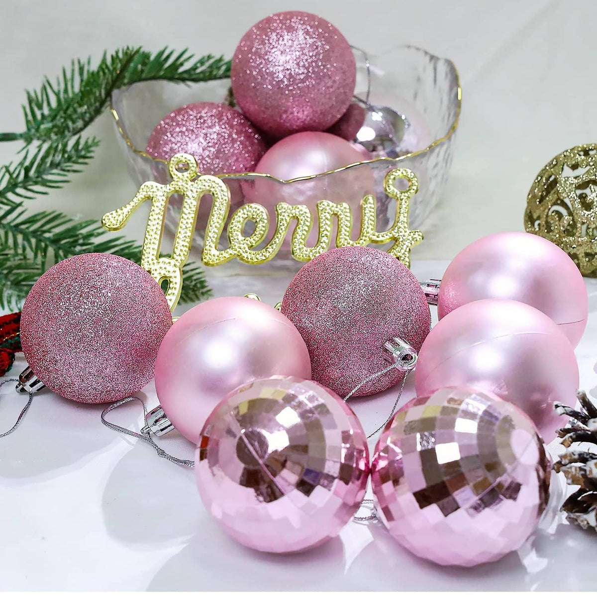 Pink glitter and smooth Christmas ornament balls with silver hanging hooks