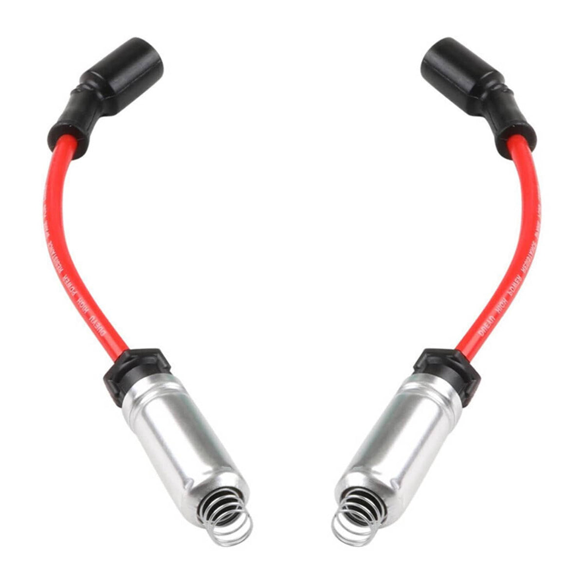 Spark plug wire set pair of red wires with silver terminals and black caps