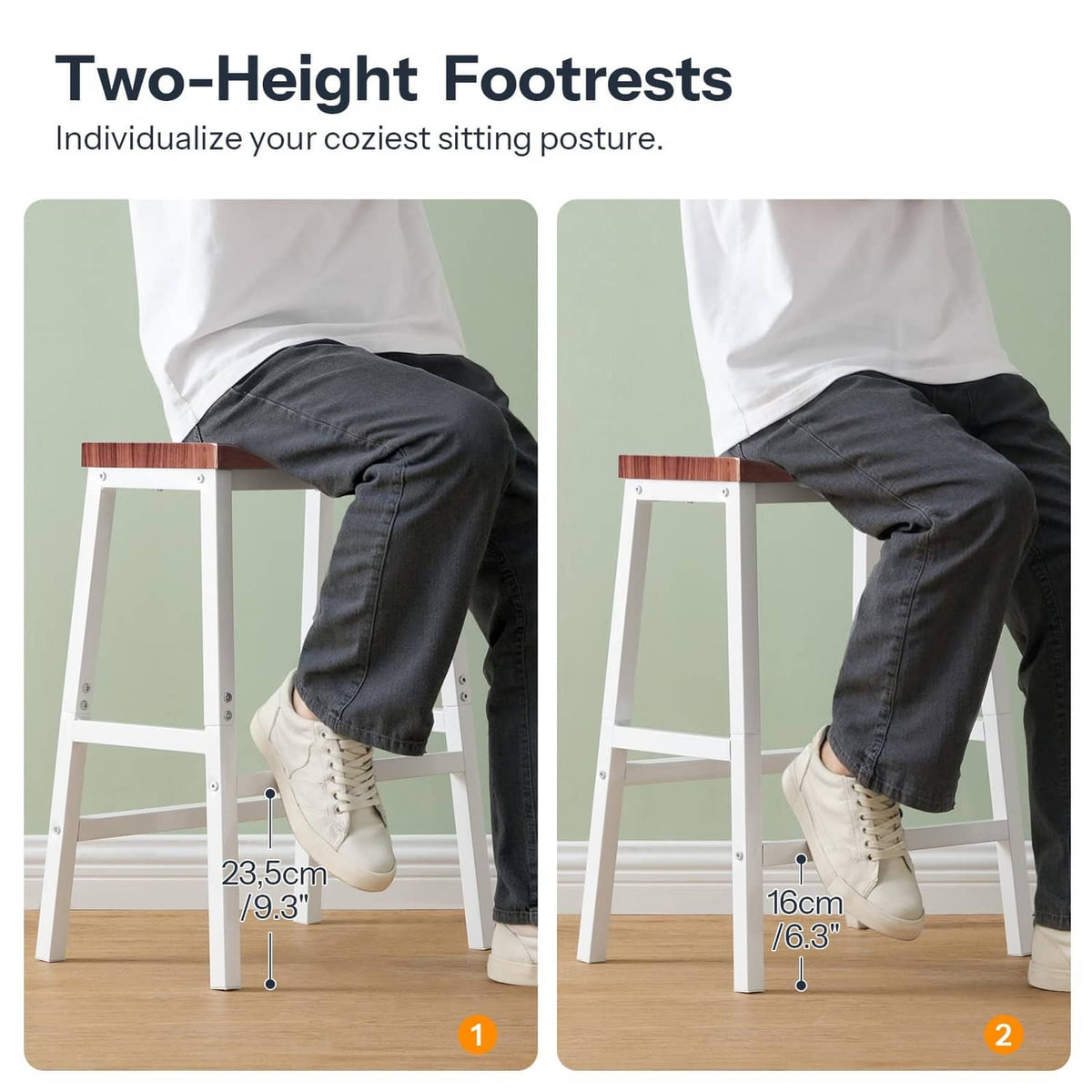 Bar stool set with walnut seat and white legs, two-height footrest shown
