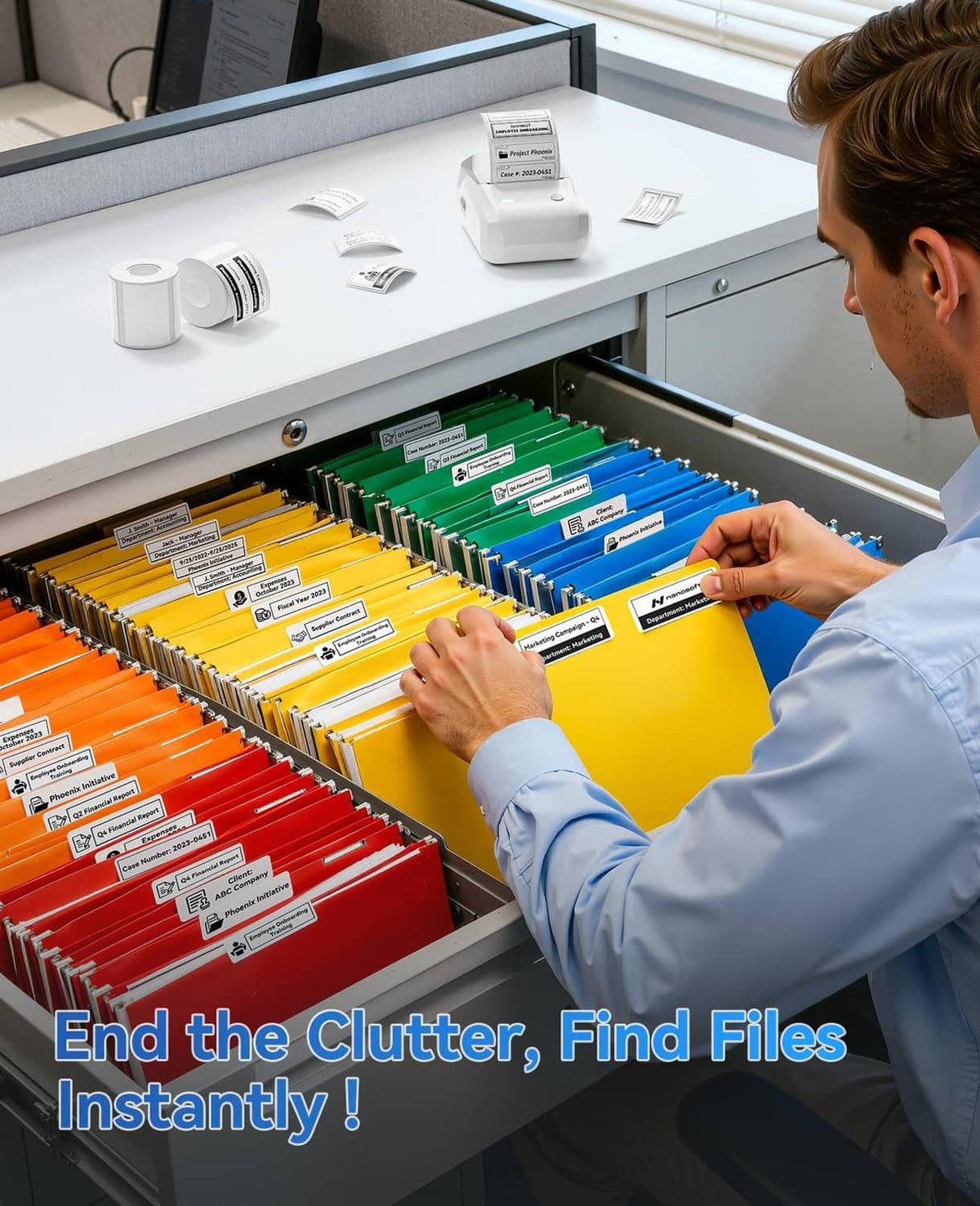 Grey label printer placing labels into an organizer drawer with colored tabs