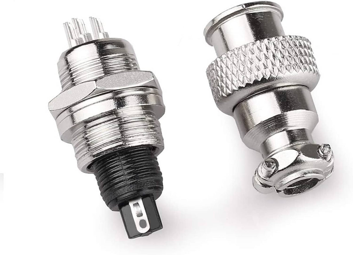 Metal circular male connector adapters close-up with screw collar and black insulator cap