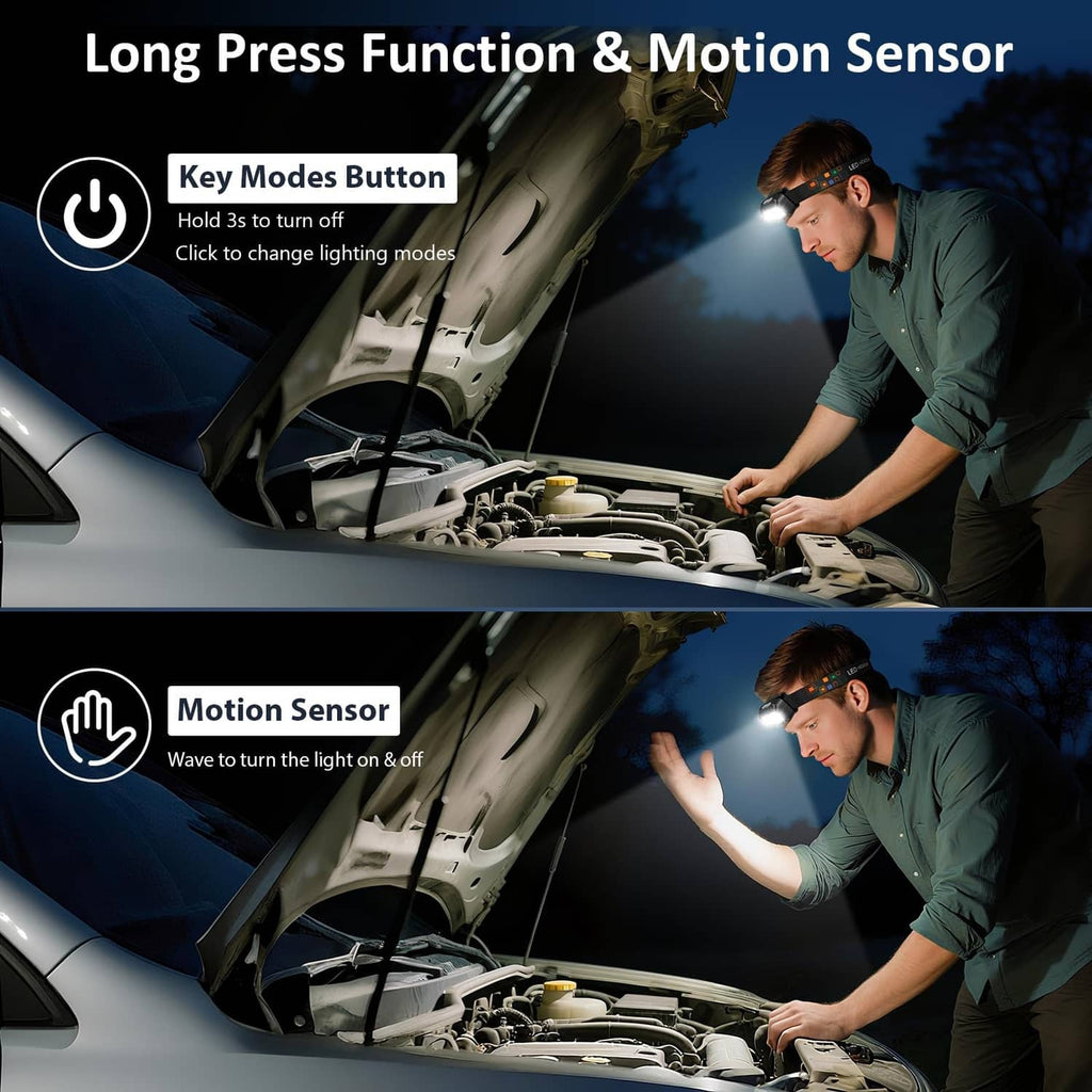 Black rechargeable headlamp with motion sensor and button controls on the headband