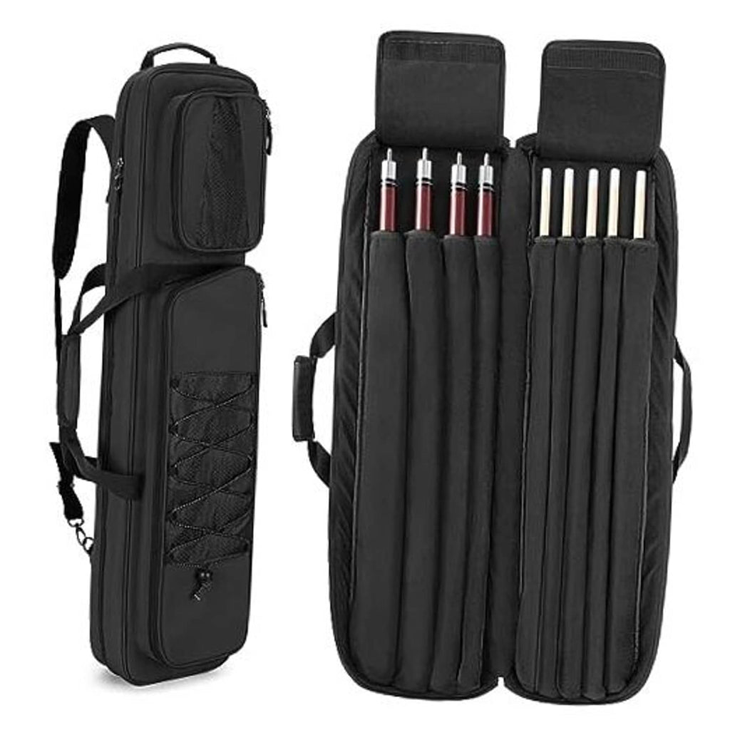Black pool cue case with open compartments for 4 butts and 5 shafts