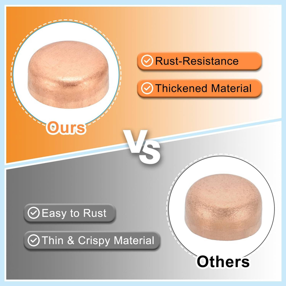 Copper pipe end cap with rust-resistant finish, round copper cap shown