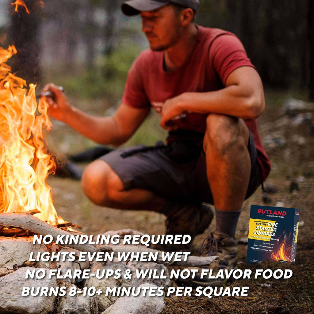 Rutland Safe Lite fire starter squares box near flames, no-kindle tinder squares