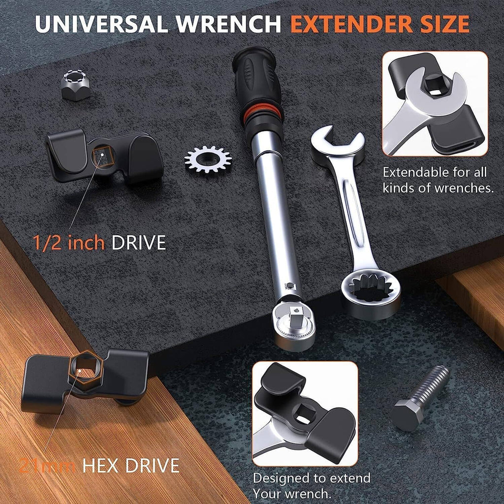 Black 1/2 in drive universal wrench extender adapter with included sockets