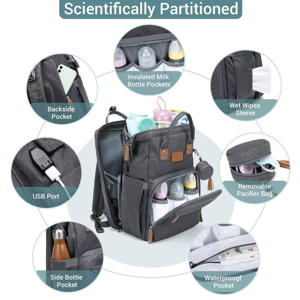Grey diaper bag backpack with bottle insulation pocket, wet wipes sleeve, and USB port