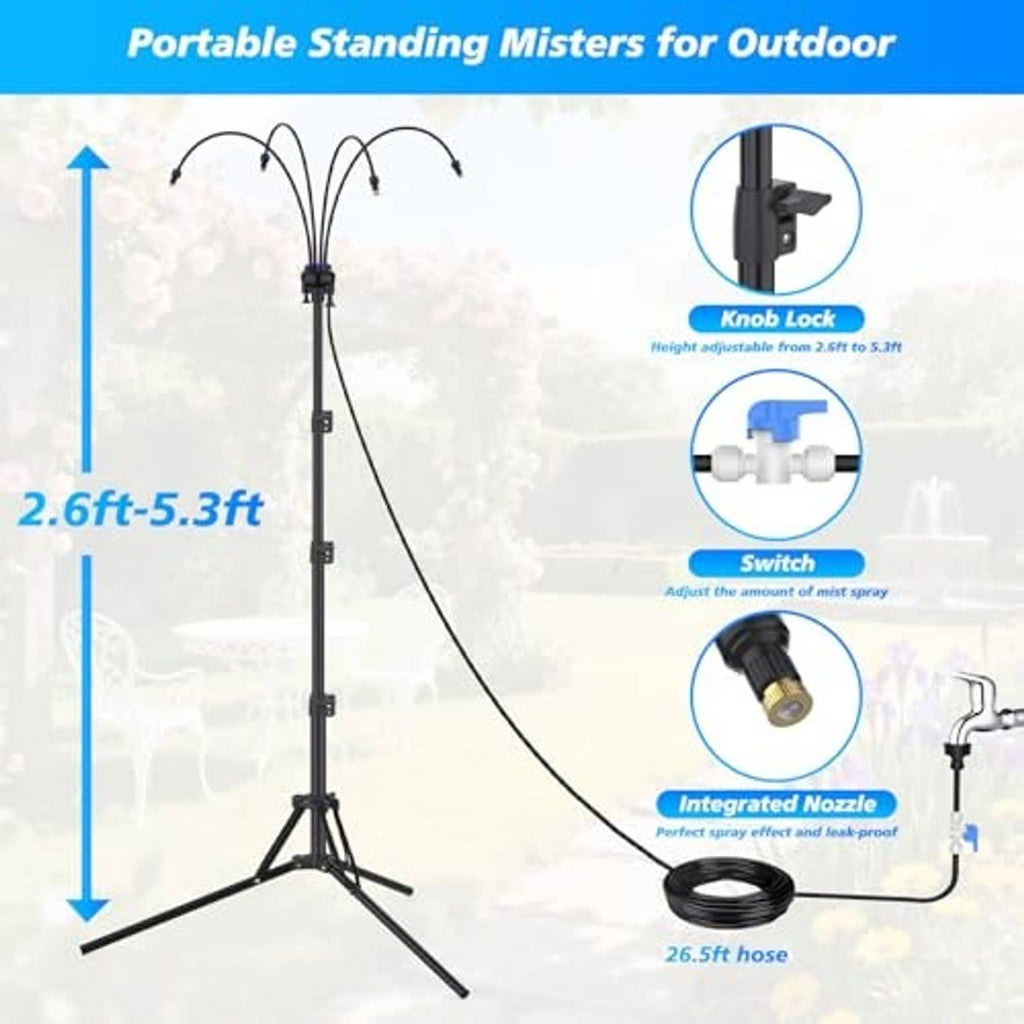Portable standing misting system with tripod base, hoses, and adjustable height pole