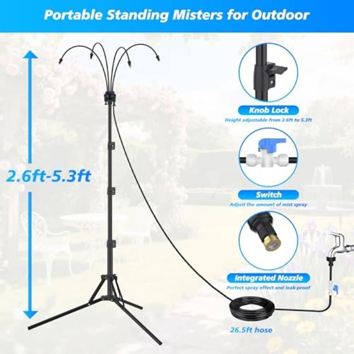 Portable standing misting system with tripod base, hoses, and adjustable height pole