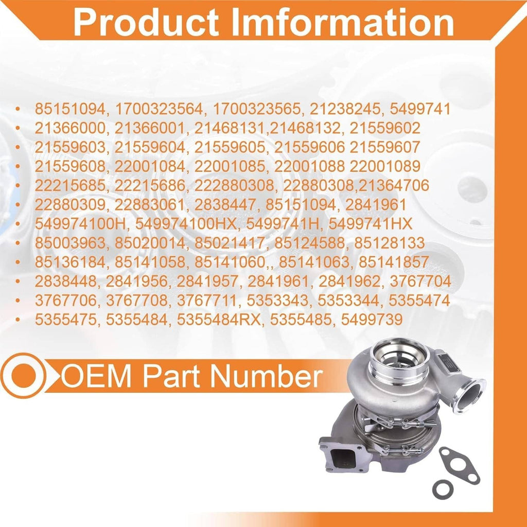Turbocharger with inlet flange and gasket set, product information panel behind