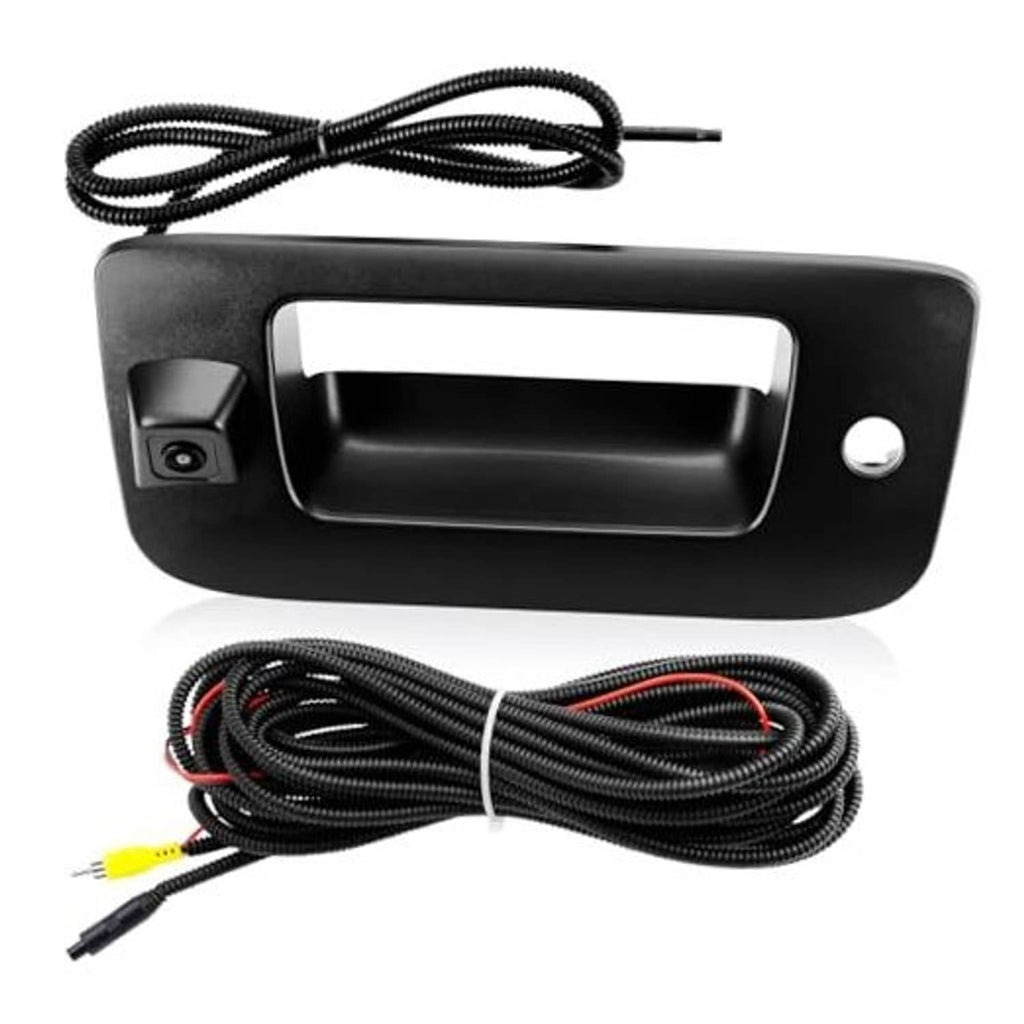 Black tailgate handle backup camera with wiring harness and RCA cable