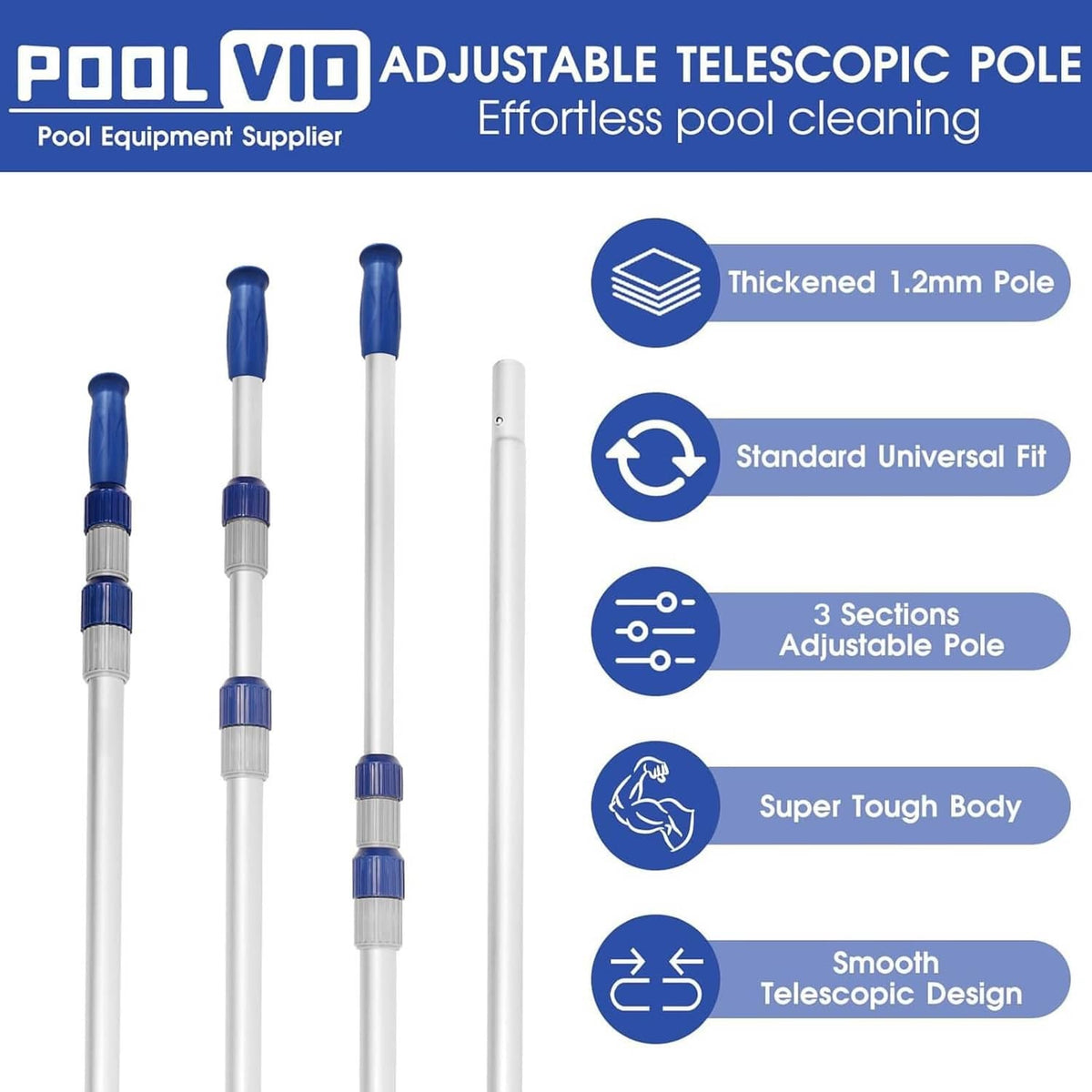 Telescopic pool pole with blue end caps and adjustable 3-section segmented shaft